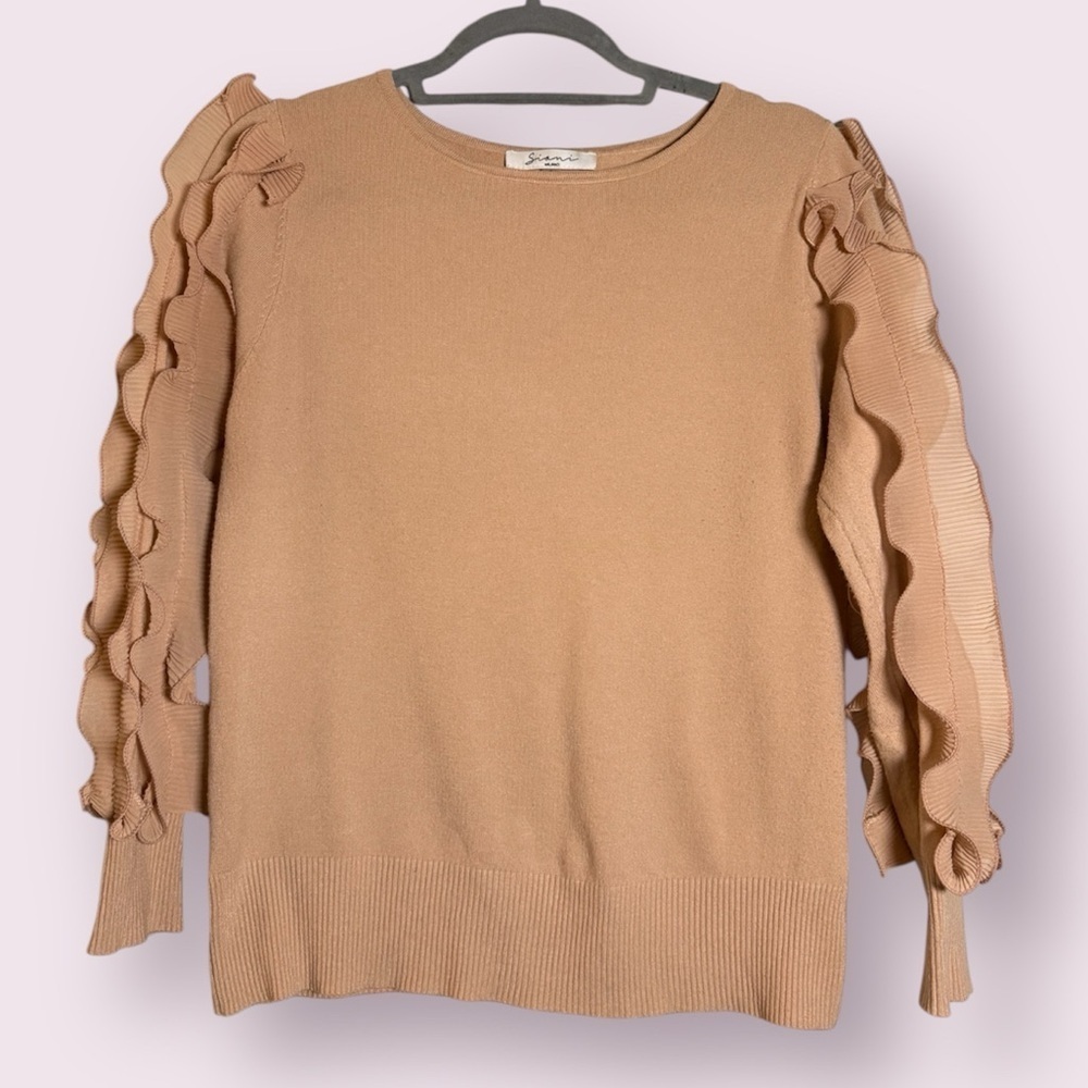 Sioni Blush Apricot Ruffle Sleeve Scoop Neck Sweater Small